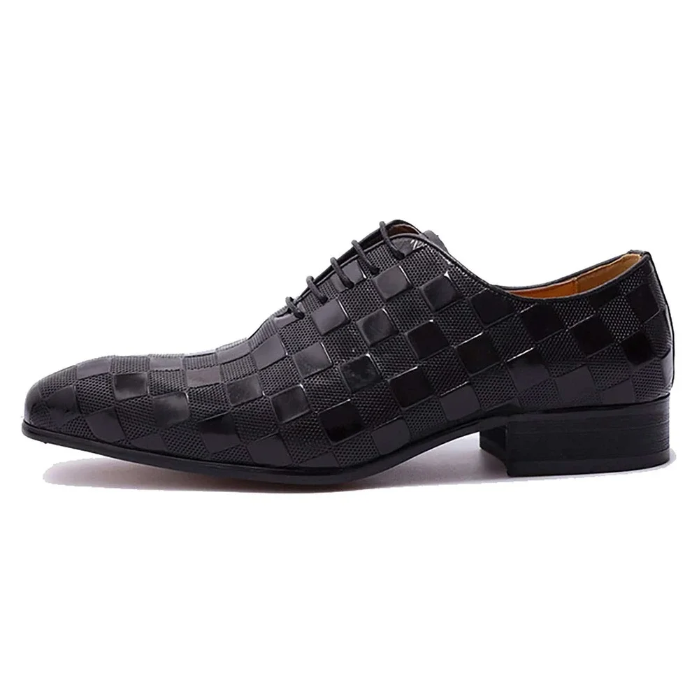Santimon‎ Men's US 9 Black Leather Plaid Texture Oxfords Lace Up Dress Shoes